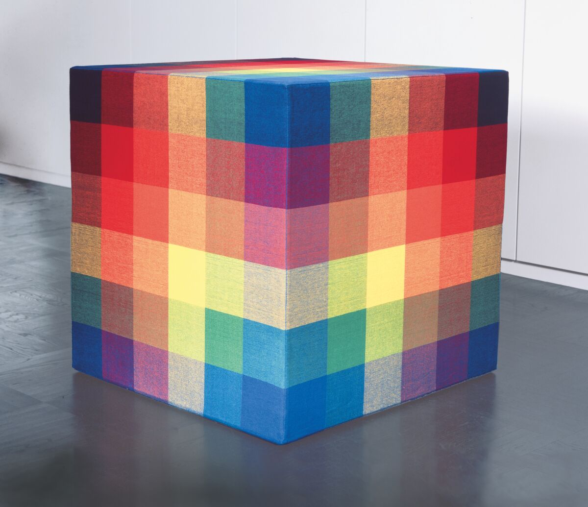 Jim Isermann's "Untitled (Cubeweave)" is a multicolored cube