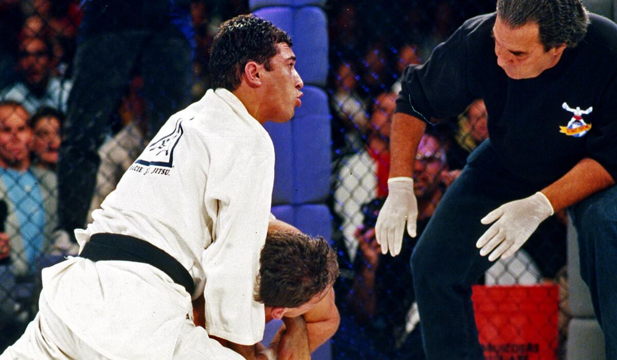 Royce Gracie, left, in action during UFC 1 on Nov. 12, 1993 at the McNichols Sports Arena in Denver.