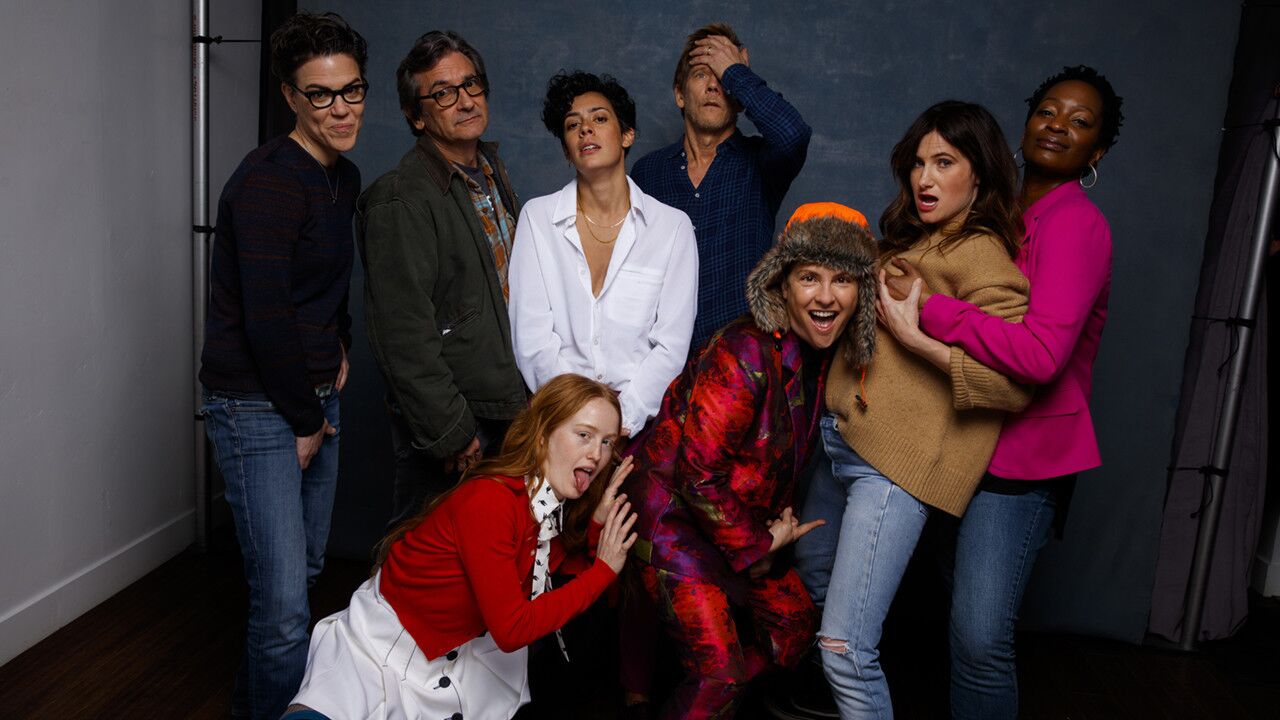 Co-Executive Producer Sarah Gubbins, left, actor Griffin Dunne, actress India Menuez (kneeling), actress Roberta Colindrez, actor Kevin Bacon, director Jill Soloway, actress Kathryn Hahn and Lily Mojekwu from the Amazon series "I Love Dick."