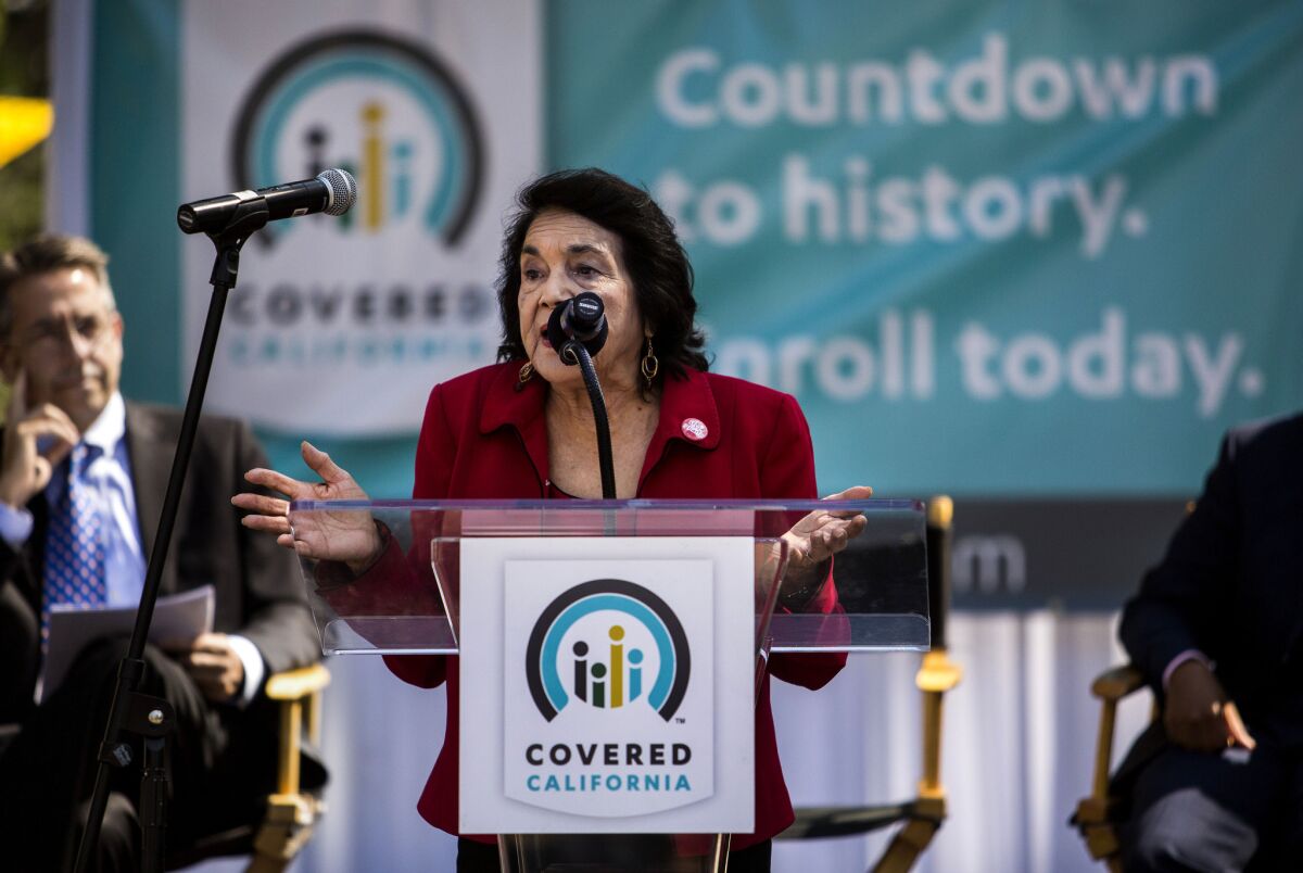 Labor leader Dolores Huerta of the United Farm Workers speaks at a recent rally in Los Angeles urging Californians to sign up for health insurance under the Affordable Care Act.