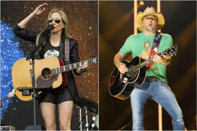 Split image: Sheryl Crow, left, plays guitar in shorts and a jacket; Jason Aldean, left, plays guitar in a T-shirt and jeans