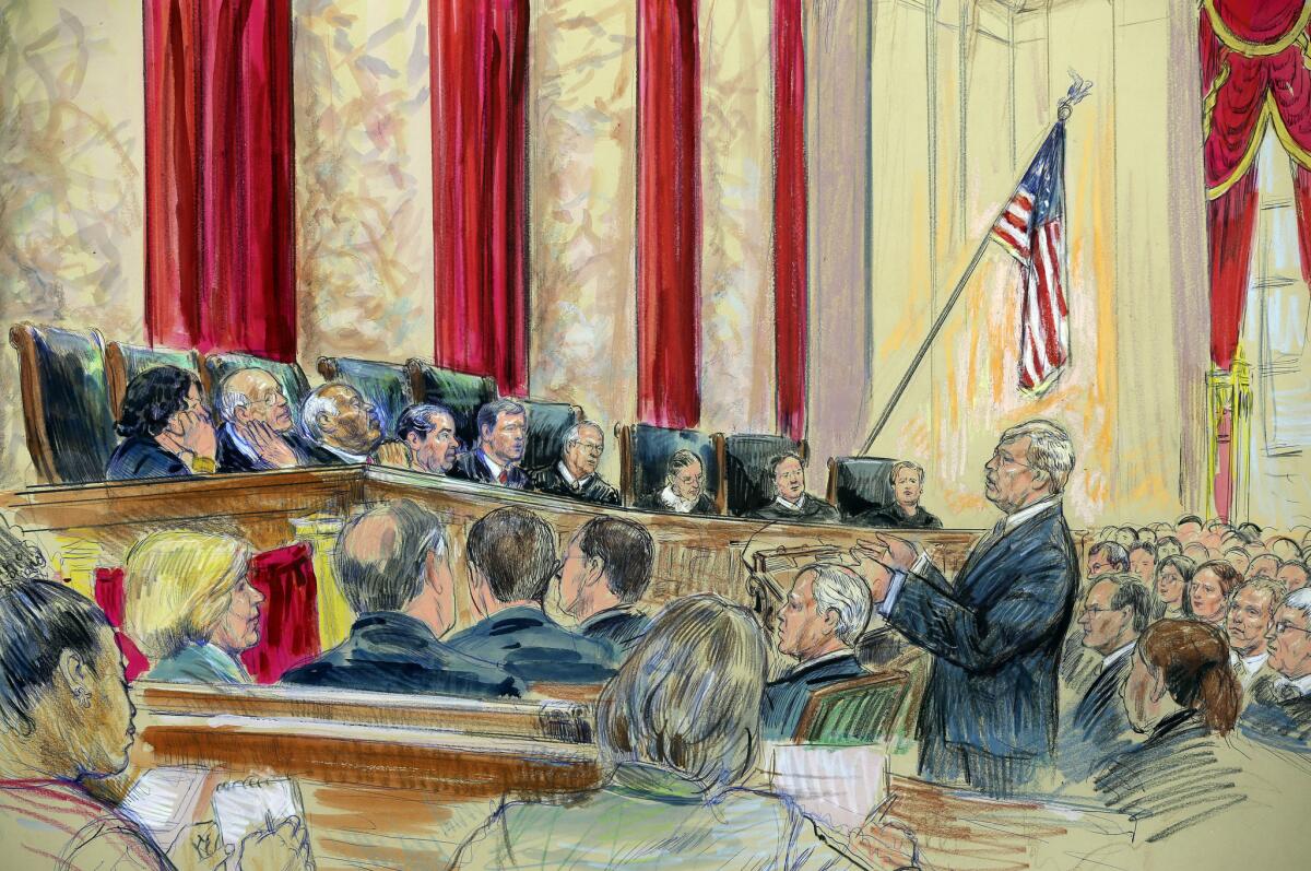 An artist's rendering shows attorney Theodore Olsen standing as he presents his arguments for striking down Proposition 8 to the court.