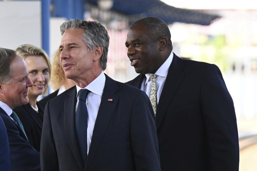 British Foreign Secretary David Lammy, right. and US Secretary of State, Anthony Blinken arrive at Kyiv train station Wednesday, Sept. 11, 2024 in Kyiv, Ukraine. The British Foreign Secretary joined his American counterpart on a visit to Ukraine to discuss the country's military needs in its fight against Russia. (Leon Neal/Pool via AP)