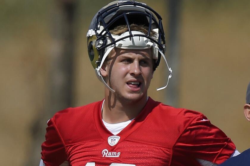 Rams quarterback Jared Goff is seen during the Rams rookie minicamp in Oxnard, Calif. on May 6.