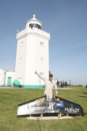 Swiss adventurer Yves Rossy at St. Margaret's Lighthouse in Dover, England