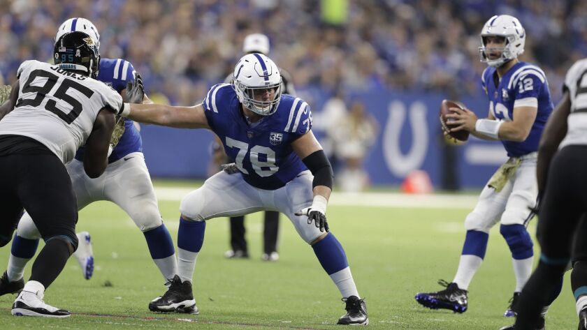 Indianapolis Colts center Ryan Kelly (78) blocks against the Jacksonville Jaguars during the first half on Nov. 11, 2018.