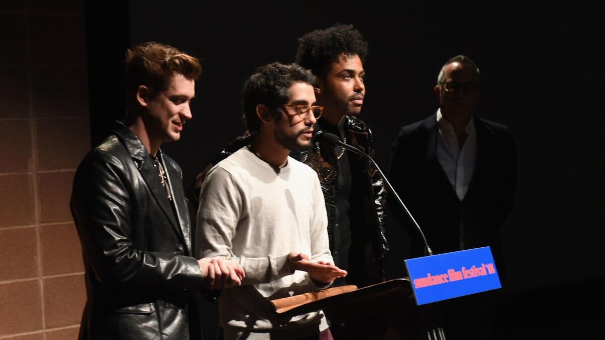 From left, actor Rafael Casal, director Carlos López Estrada and actor Daveed Diggs speak during the "Blindspotting" premiere at the 2018 Sundance Film Festival on Jan. 18, 2018, in Park City, Utah.