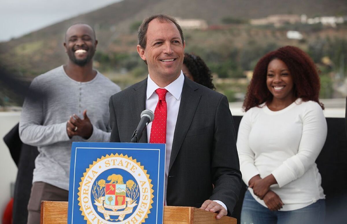 Assemblyman Brian Maienschein, photographed in 2015 with the family of the late Tony Gwynn during an event honoring the Padre legend, has favorable tailwinds as he seeks re-election for a fifth term in 2020.