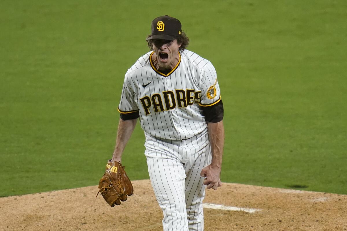 Tim Hill reacts after striking out the Giants' Mike Tauchman with the bases loaded on April 30.