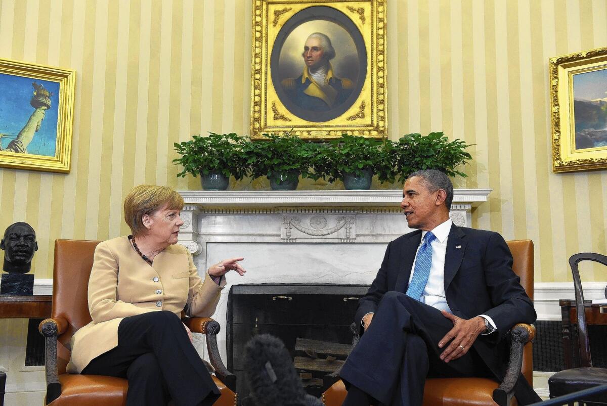 President Obama and German Chancellor Angela Merkel meet in the Oval Office to discuss issues including U.S. surveillance. Obama ruled out a "no-spy agreement" with Germany or any country.