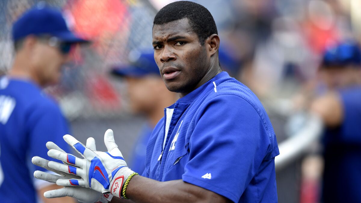 Dodgers outfielder Yasiel Puig continues to have problems with his right hamstring.