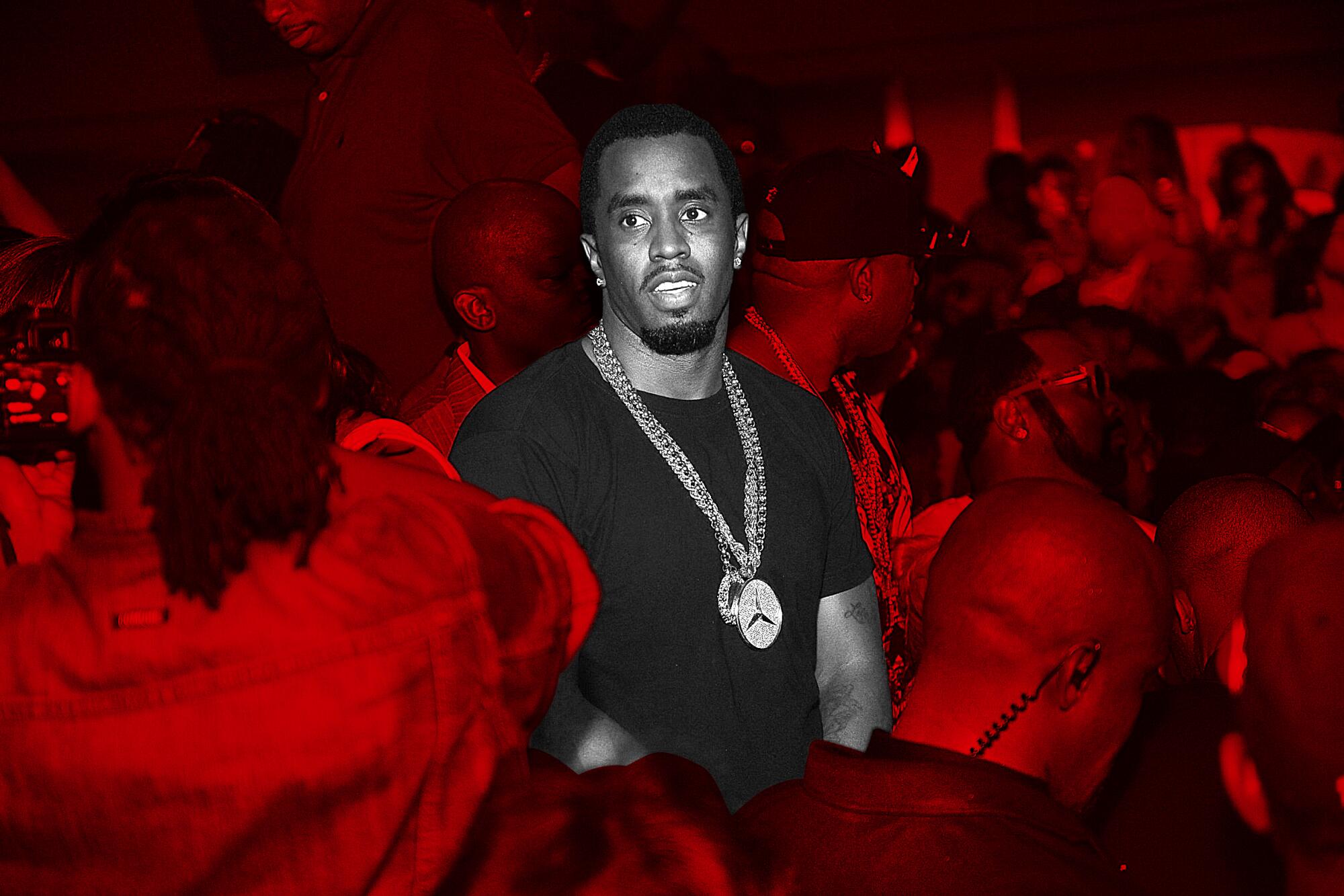 Photo of Sean Combs isolated in a crowd of people at a party in red monotone.