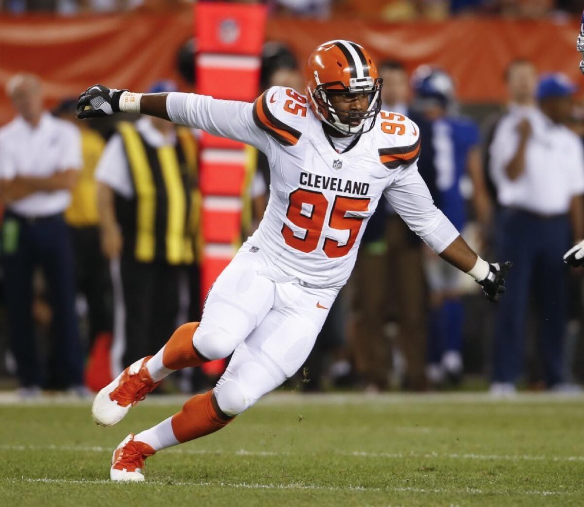 Browns defensive end Myles Garrett in action against the New York Giants during a preseason game Aug. 21.