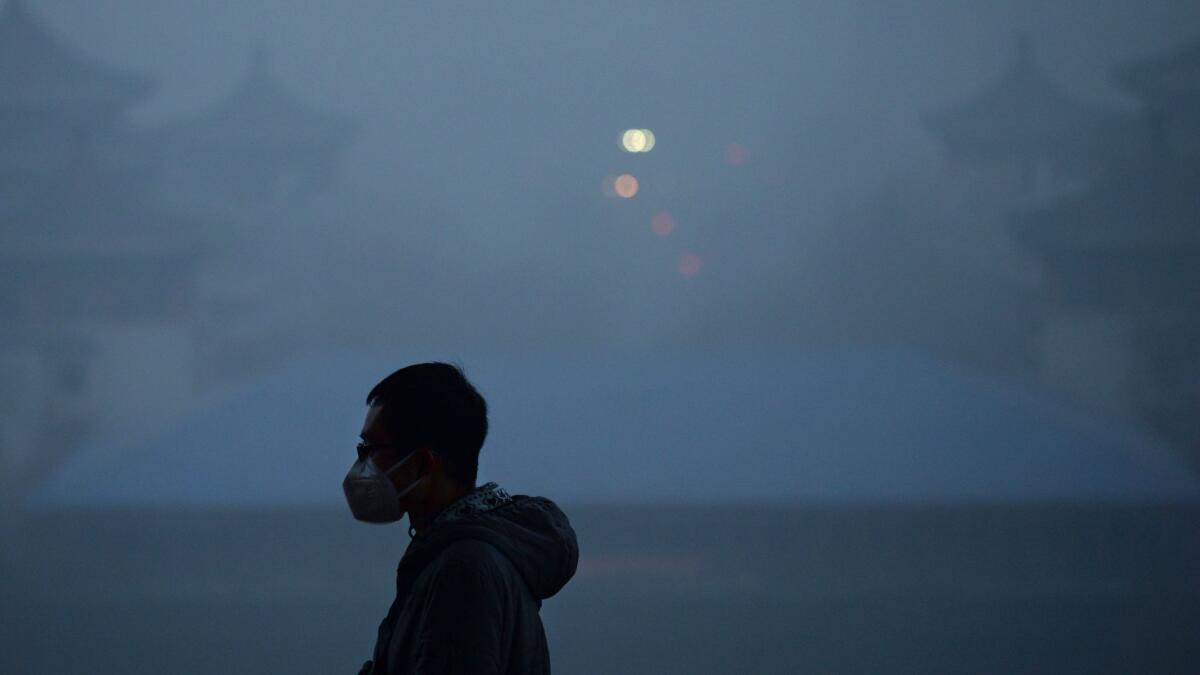 A man wears a mask to visit a Beijing park in 2016 amid heavy pollution.