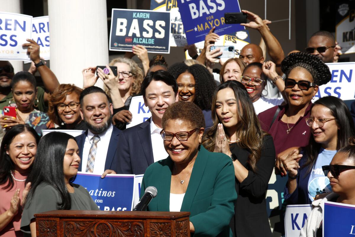 Los Angeles Mayor Elect U.S. Rep. Karen Bass, addresses the crowd at the Wilshire Ebell Theater in L.A. on Nov. 17, 2022. 