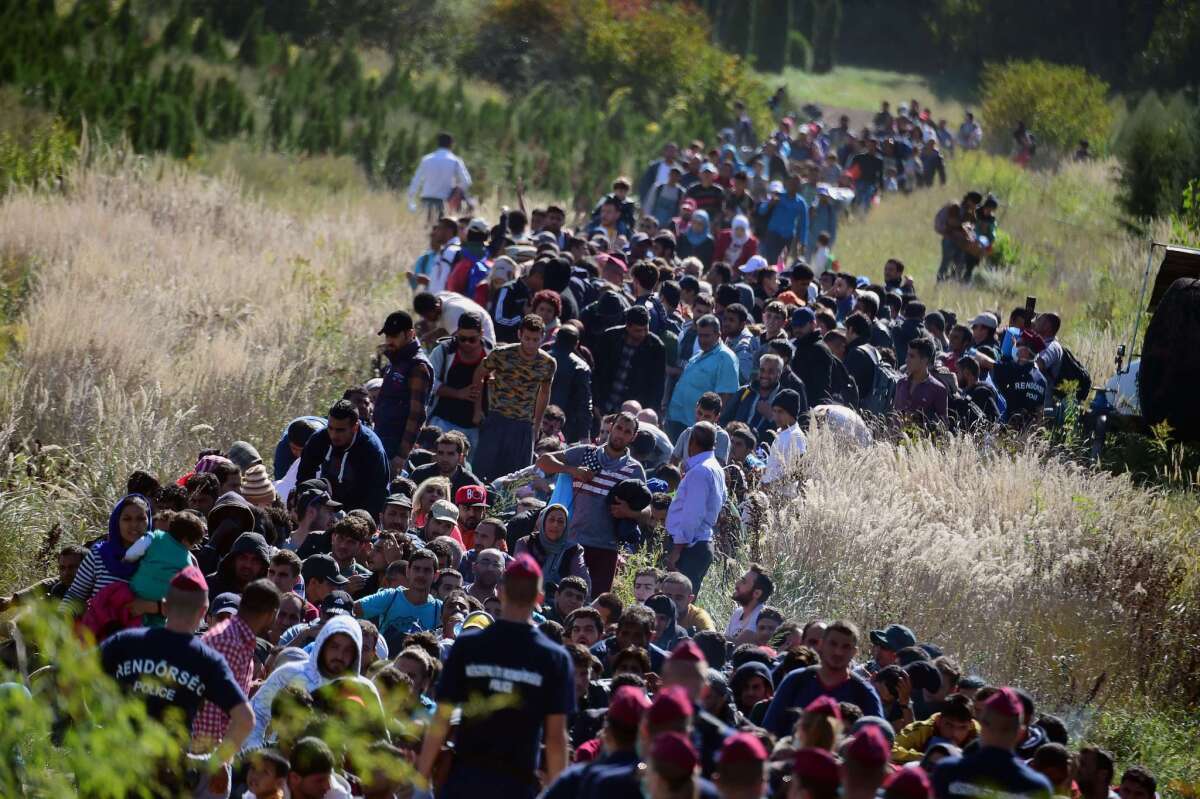 Migrants walk through the countryside after crossing the Hungarian-Croatian border near the Hungarian village of Zakany to continue their trip to the north. Croatia and Hungary have traded barbs on a national level, each pointing the finger at the other over their responses to Europe's escalating migrant crisis.