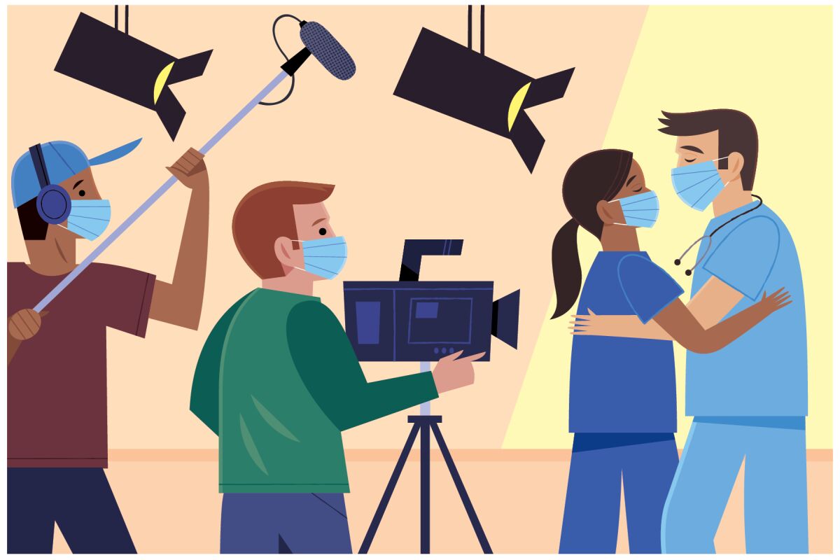 An illustration depicting a TV shoot during the pandemic with everyone wearing masks.