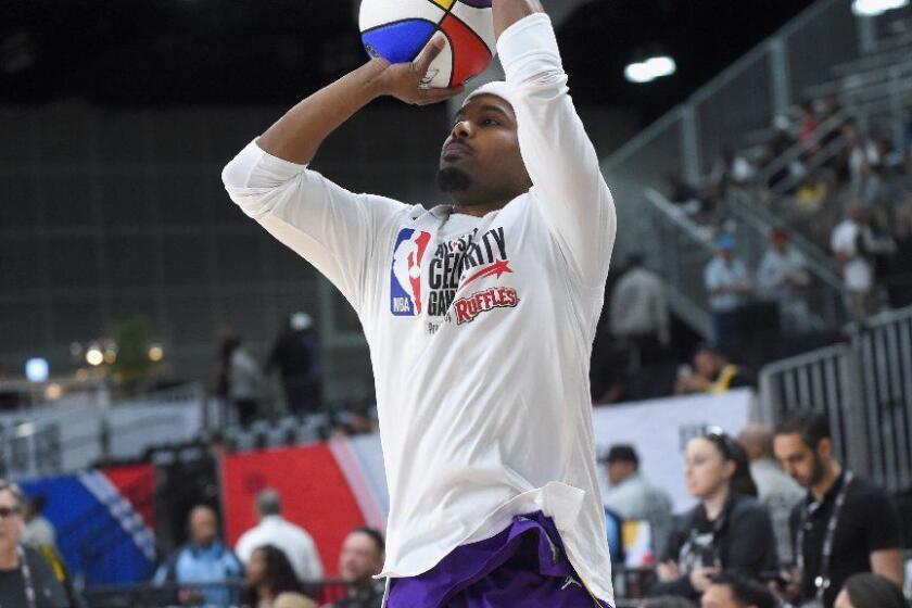 LOS ANGELES, CA - FEBRUARY 16: Steelo Brim warms up prior to the 2018 NBA All-Star Game Celebrity Game at Los Angeles Convention Center on February 16, 2018 in Los Angeles, California. (Photo by Jayne Kamin-Oncea/Getty Images) ** OUTS - ELSENT, FPG, CM - OUTS * NM, PH, VA if sourced by CT, LA or MoD **
