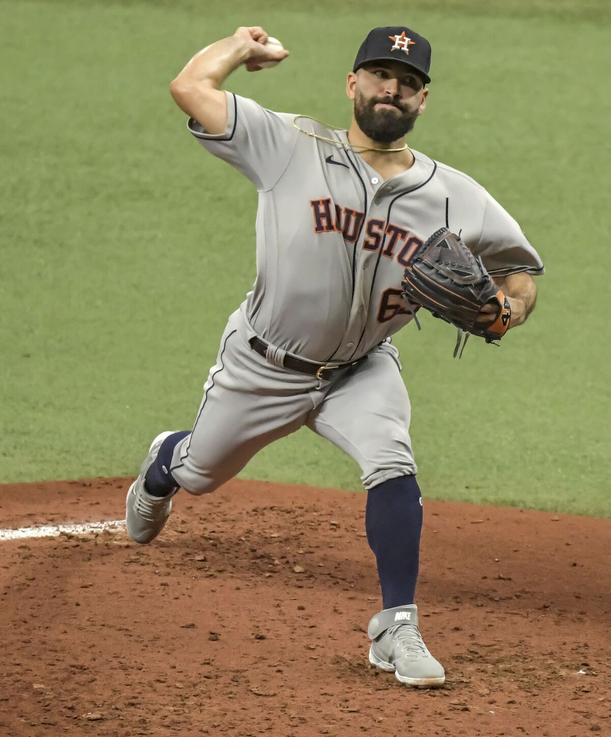 Houston Astros starter Jose Urquidy pitches against the Tampa Bay Rays during the first inning of a baseball game Saturday, May 1, 2021, in St. Petersburg, Fla. (AP Photo/Steve Nesius)