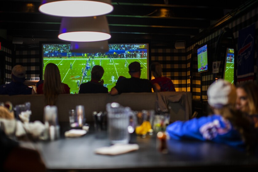 Buffalo Bills fans watch the game against the Philadelphia Eagles at Busby's West.
