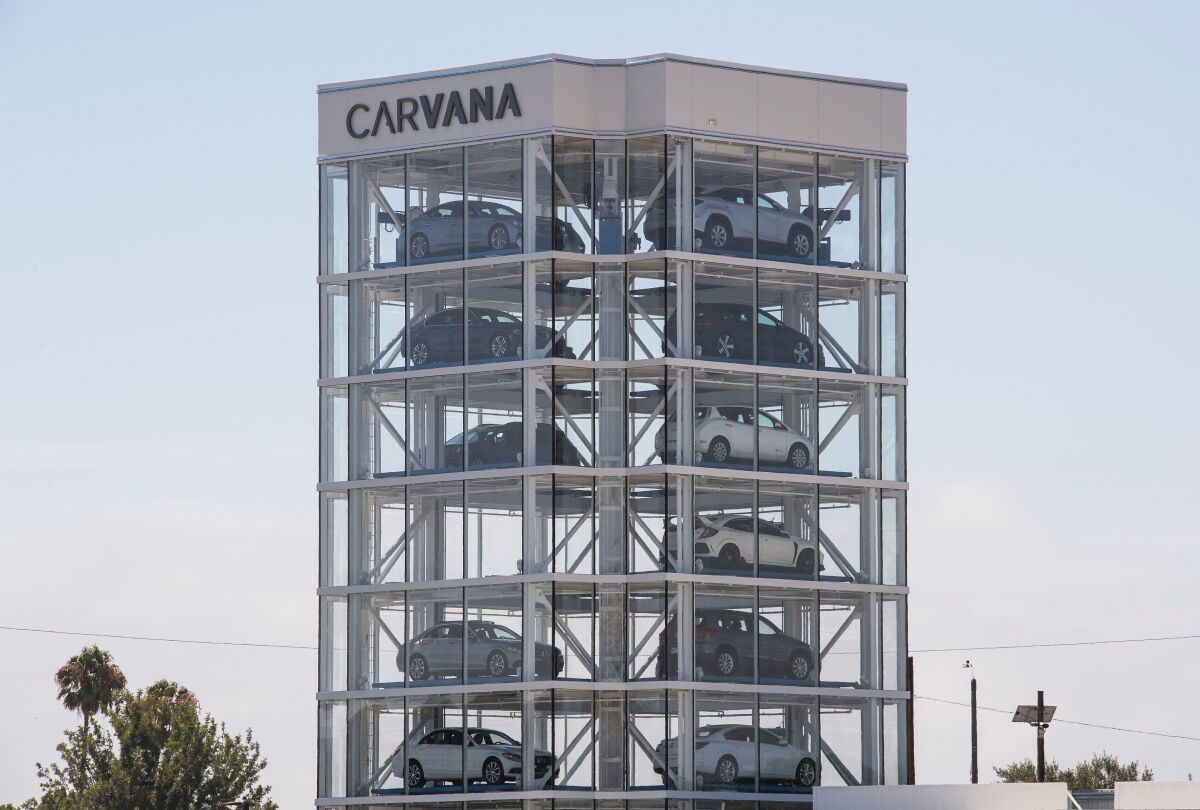 An eight story car vending machine operated by Carvana in Huntington Beach. 