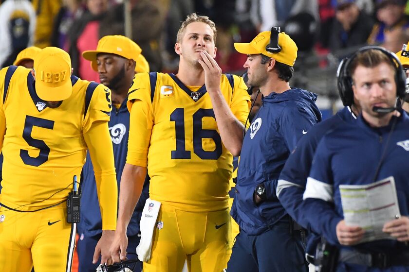 LOS ANGELES, CA - NOVEMBER 25: Jared Goff #16 of the Los Angeles Rams looks on from the sidelines duirng the fourth quarter of the game against the Baltimore Ravens at the Los Angeles Memorial Coliseum on November 25, 2019 in Los Angeles, California. (Photo by Jayne Kamin-Oncea/Getty Images)