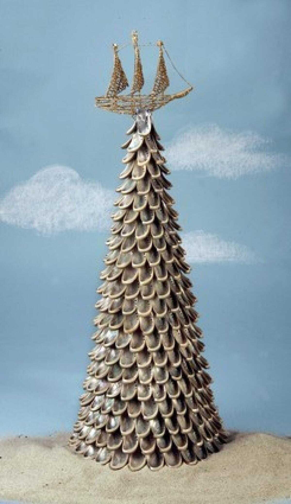 Those who live at the beach -- or decorate as if they do -- will find many options this holiday season. Taking a cue from the recent craze for capiz, the Wisteria catalog has a charming example of coquillage, the craft of seashell ornamentation. This tree, made from abalone shells, measures 10 inches in diameter and 23 inches tall; it's $149. (A 26-inch-tall model is $199.) The glittery gold wire galleon, $6, is from Pier 1. -- David A. Keeps