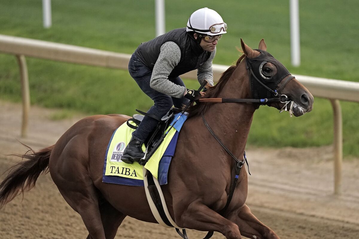 A horse runs a track during a workout.