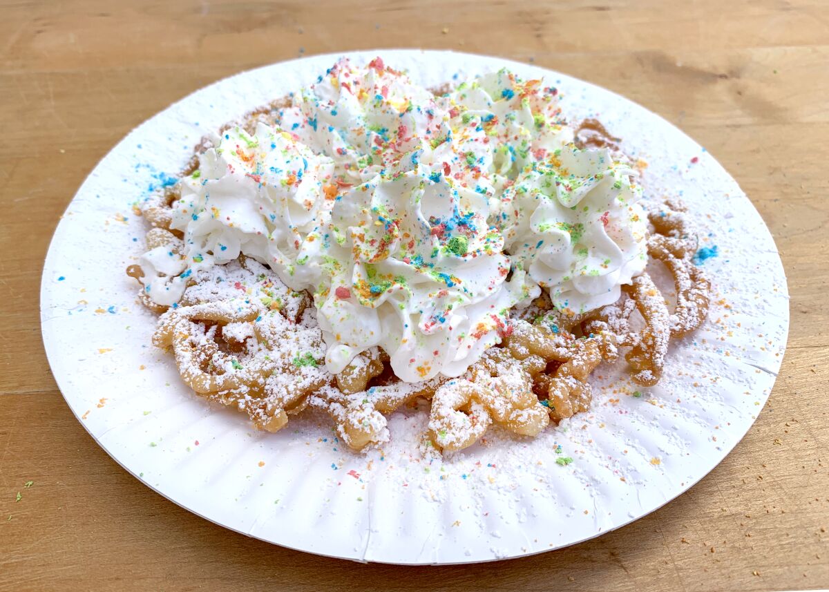 Funnel cake with Lucky Charms magical marshmallows.