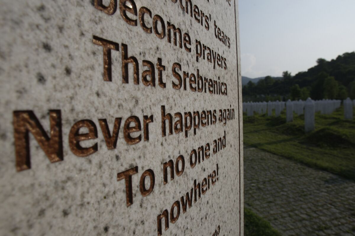 A gravestone in memory of victims of the Srebrenica massacre