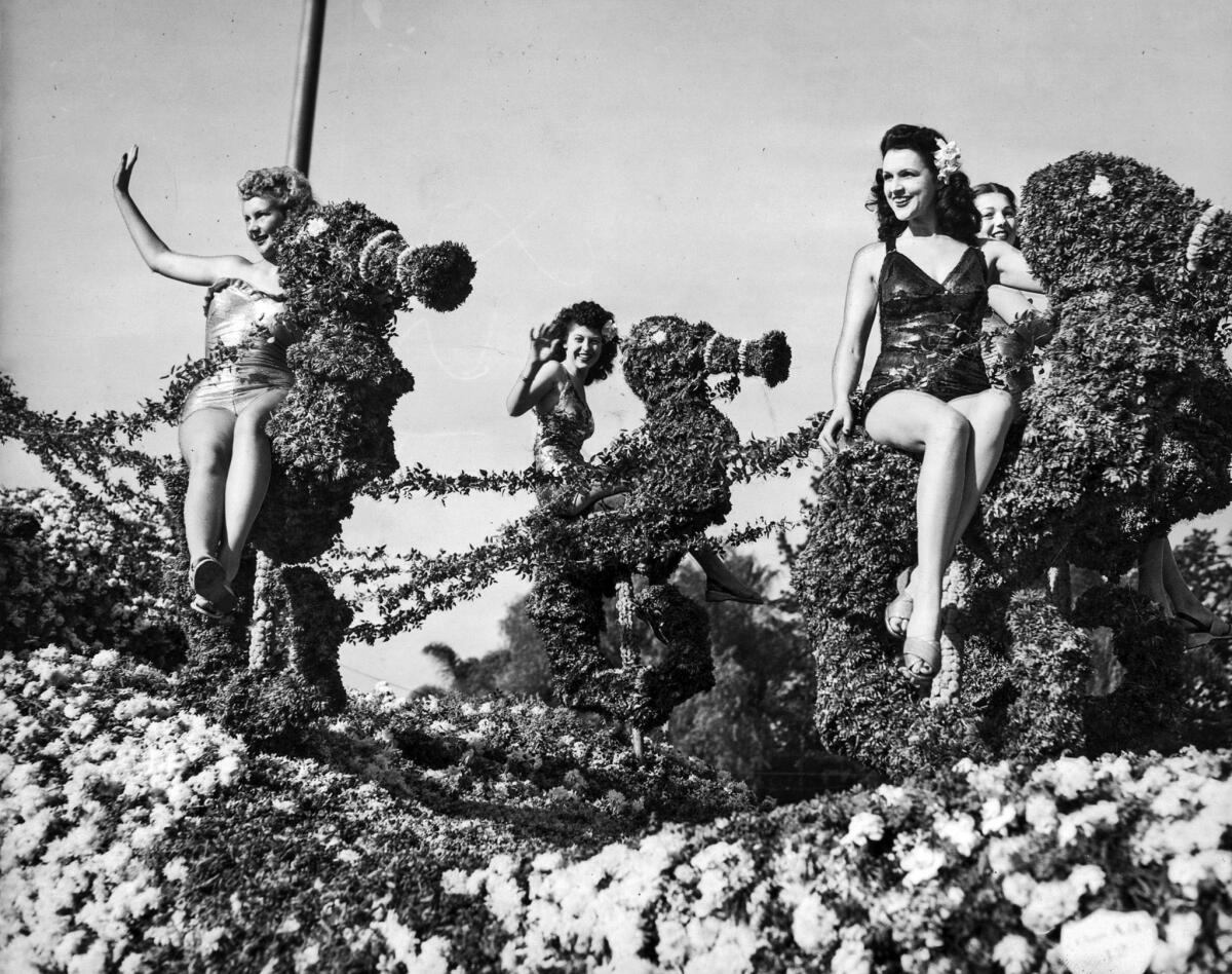 Jan. 1, 1947: "Holiday the Year Round," the Rose Parade float entered by San Pedro, featured four women riding "seahorses."