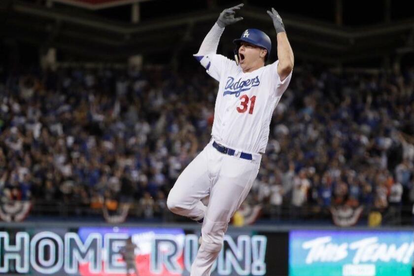 LOS ANGELES, CA, SUNDAY, OCTOBER 31, 2017 - Joc Pederson homers in the seventh inning in game six of the World Series at Dodger Stadium. (Robert Gauthier/Los Angeles Times)