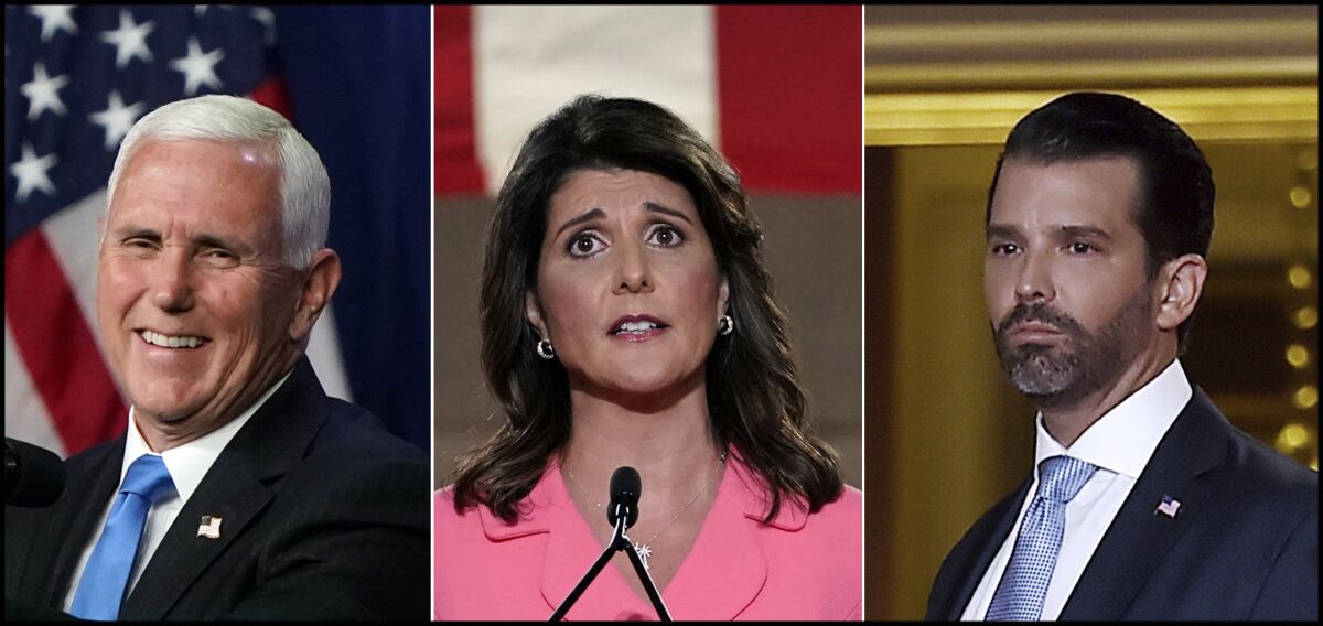 Triptych shows Vice President Mike Pence, former U.S. Ambassador to the U.N. Nikki Haley and Donald Trump Jr.