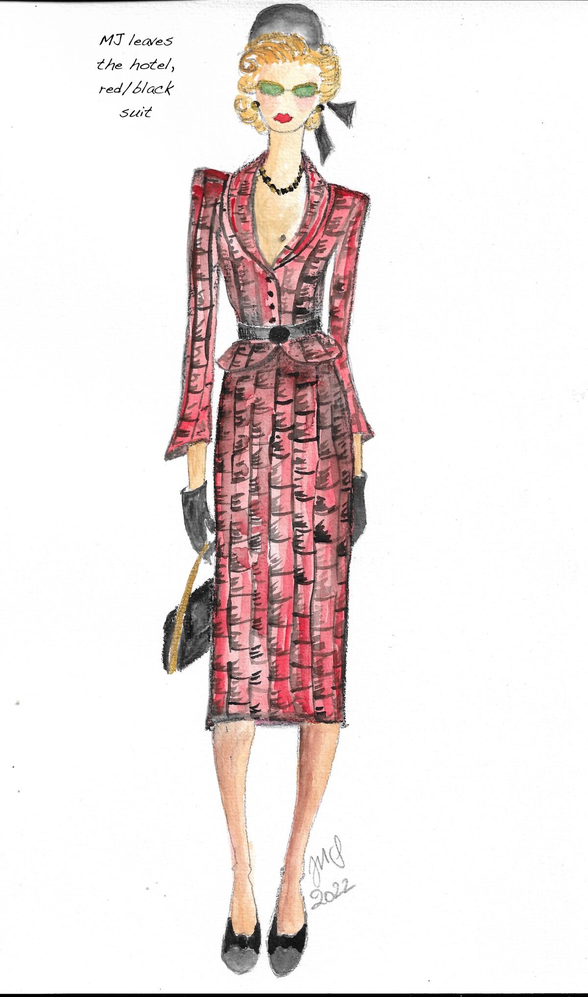 A sketch of the Mary Jayne Gold character, often dressed in vivid prints.