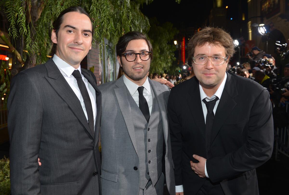 From left, Dhani Harrison, Jonathan Sadoff and Paul Hicks of thenewno2 attend the premiere "Beautiful Creatures" in Hollywood.