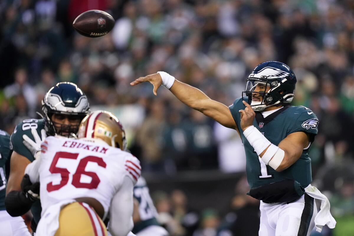 Philadelphia Eagles quarterback Jalen Hurts passes against the San Francisco 49ers on Sunday.