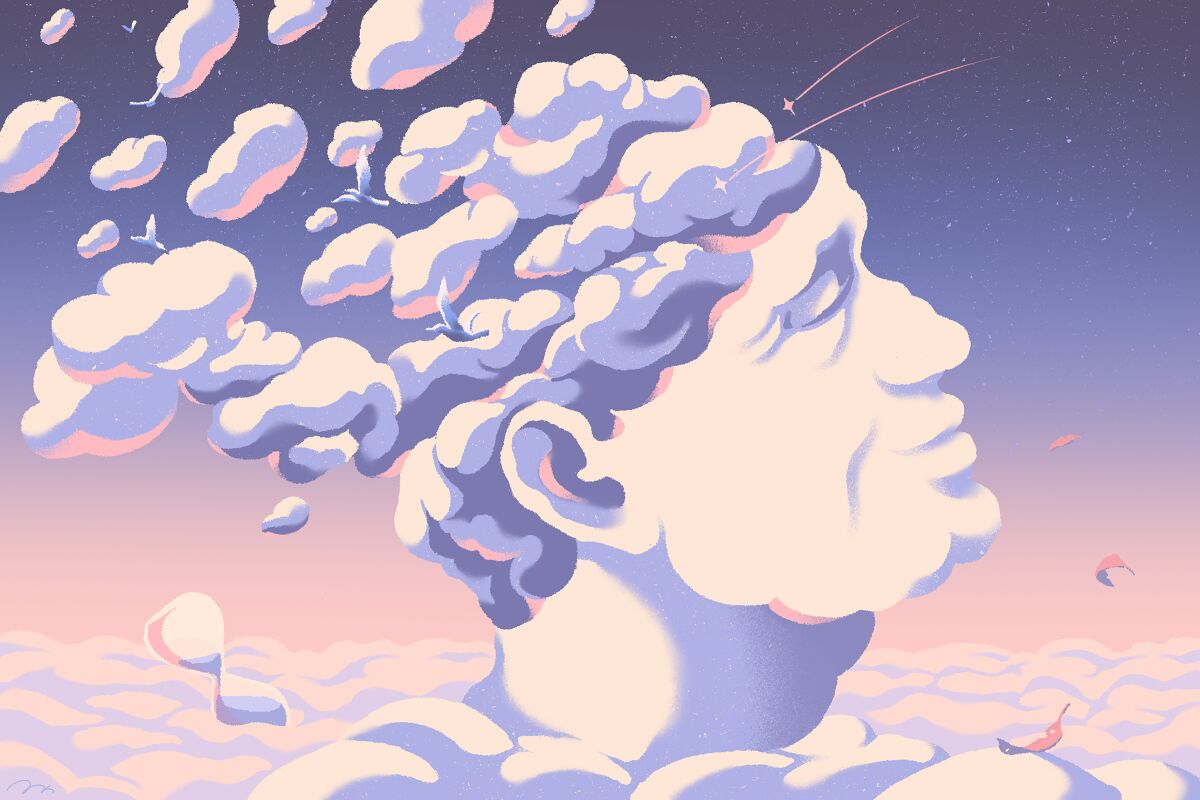 Illustration of a person-shaped cloud with the brain disappearing, to depict memory decline.