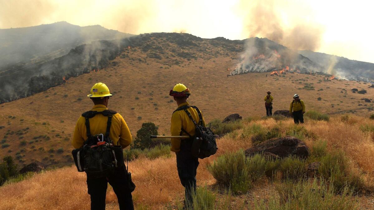 Crews work to protect a home site as they battle a wildfire along Pyramid Highway near Reno, Nev. (Jason Bean / Associated Press)