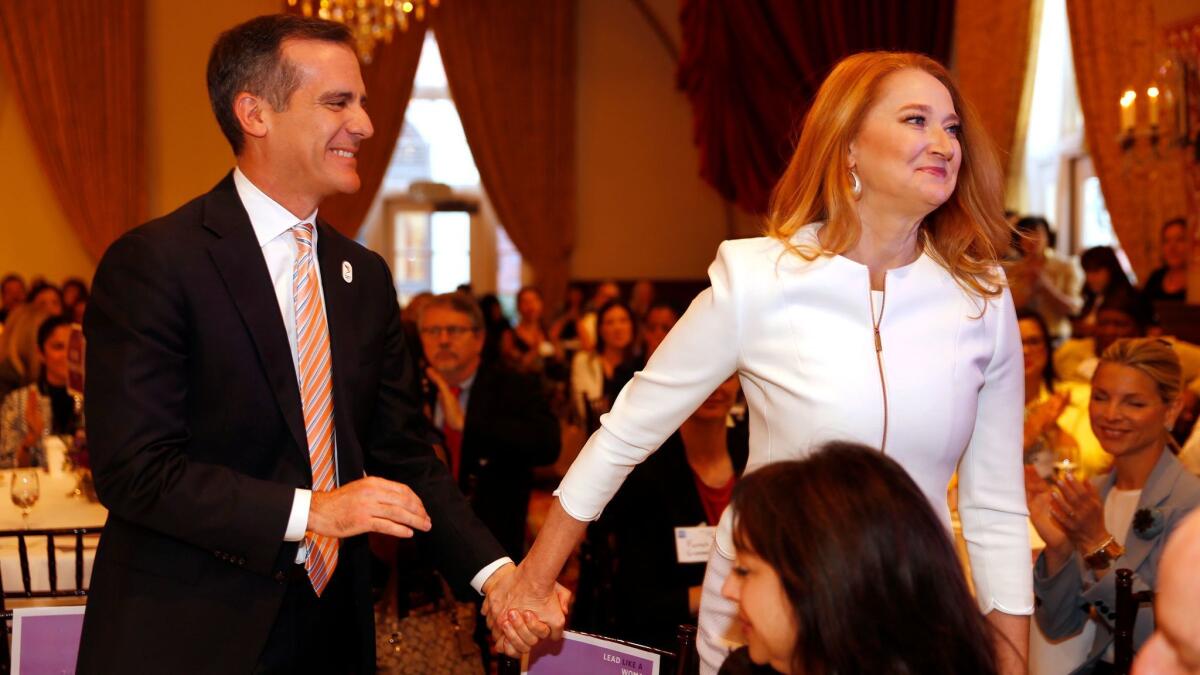 Amy Elaine Wakeland, wife of Los Angeles Mayor Eric Garcetti, appears at an event at USC in 2017. Wakeland has taken a special interest in efforts to add more women to the ranks of the Fire Department.