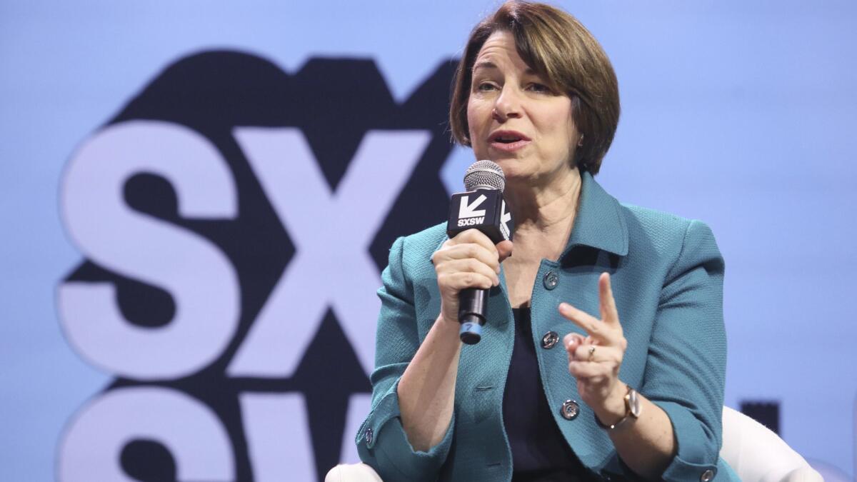 Sen. Amy Klobuchar (D-Minn.) takes part in a program titled "Conversations About America's Future" at ACL Live during the South by Southwest Interactive Festival on Saturday in Austin, Texas.