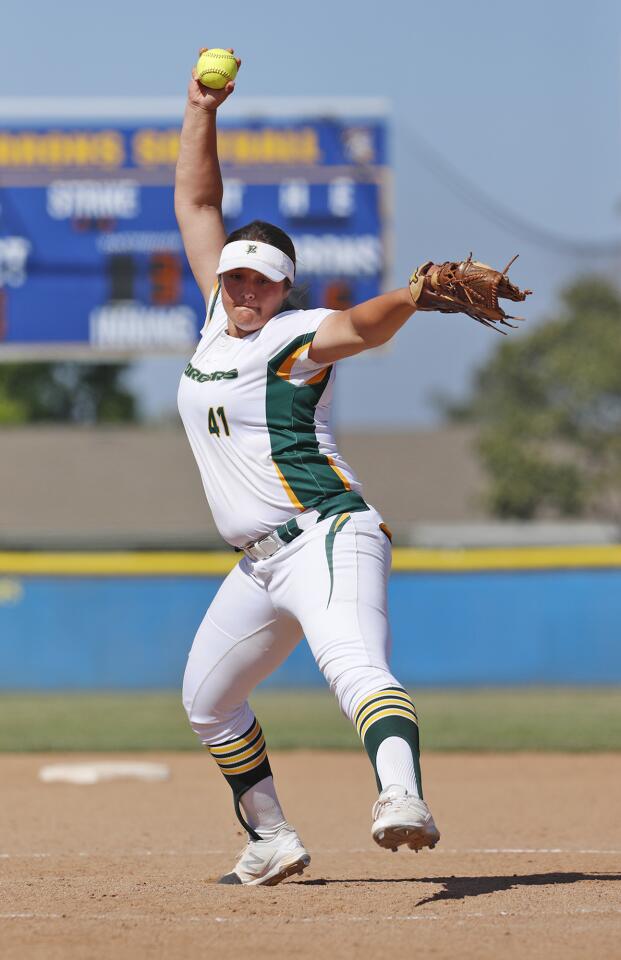 Edison's Talia Hannappel pitches during a Sunset League game against Marina on Wednesday, May 9.