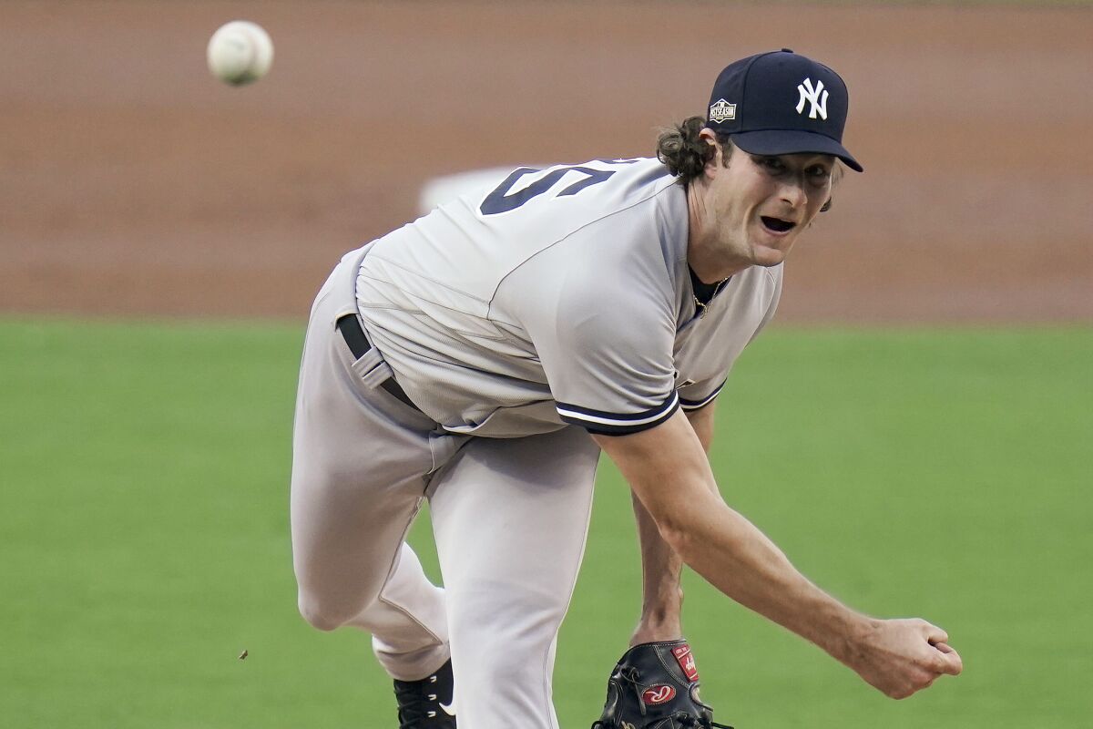 New York Yankees pitcher Gerrit Cole delivers against the Tampa Bay Rays during Monday night's ALDS game at Petco Park.