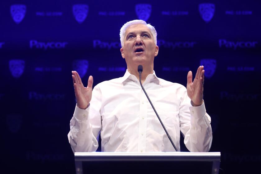 Pac-12 Commissioner George Kliavkoff does a sound check before the start of the Pac-12 media day at The Novo at L.A. Live