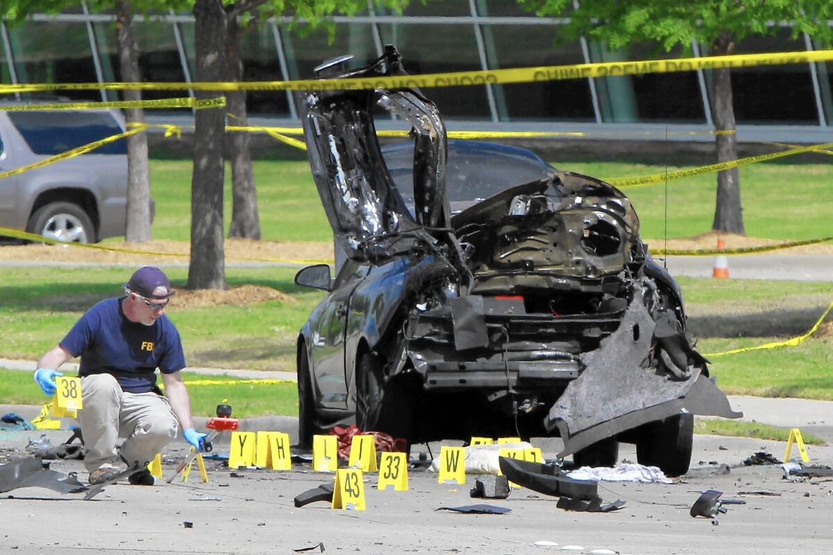 An FBI investigator in Garland, Texas, where two men opened fire outside a Muhammad cartoon contest.