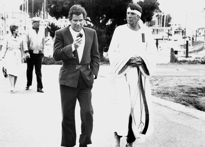 William Shatner and Leonard Nimoy, right, on the set of the 1986 movie “Star Trek IV: The Voyage Home."