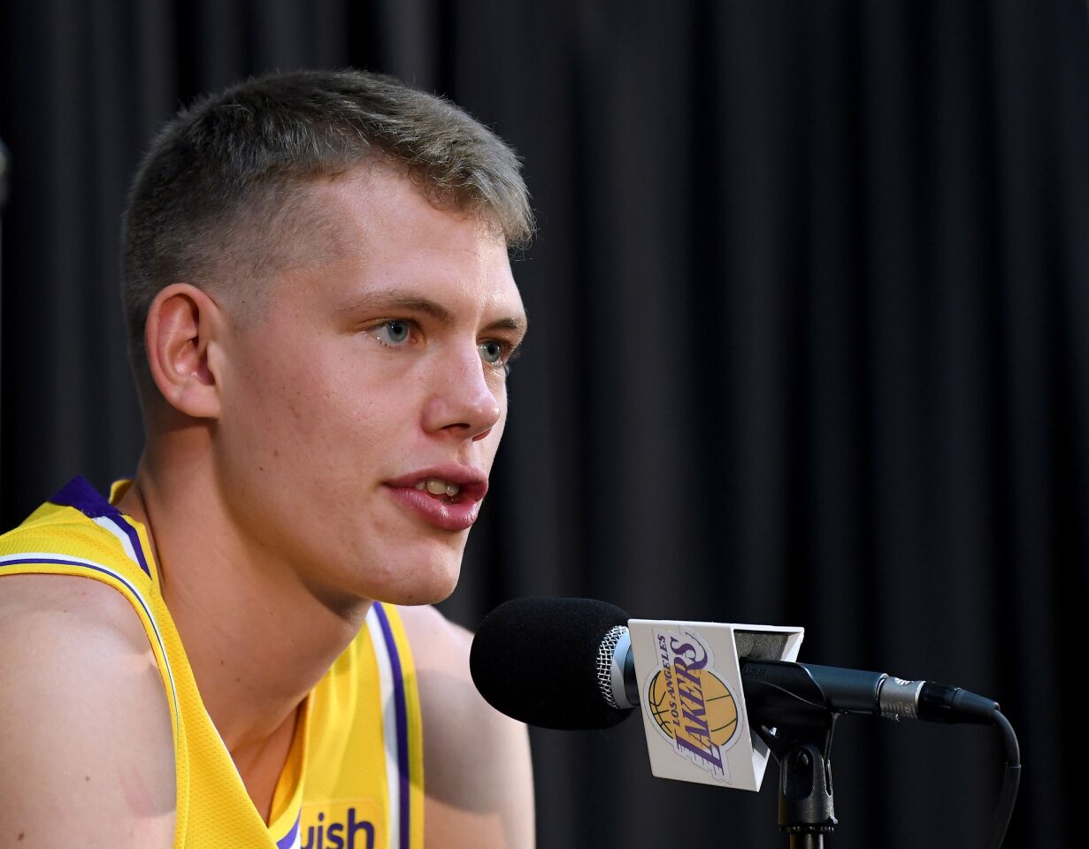 EL SEGUNDO, CA - SEPTEMBER 24: Moritz Wagner of the Los Angeles Lakers speaks to the press during the Los Angeles Lakers Media Day at the UCLA Health Training Center on September 24, 2018 in El Segundo, California. (Photo by Harry How/Getty Images) ** OUTS - ELSENT, FPG, CM - OUTS * NM, PH, VA if sourced by CT, LA or MoD **