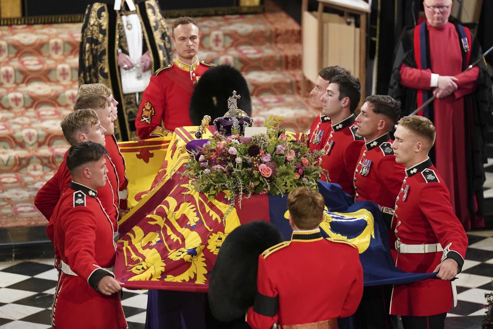 Pallbearers with coffin of Britain's Queen Elizabeth II arrives for a committal service at St George's Chapel