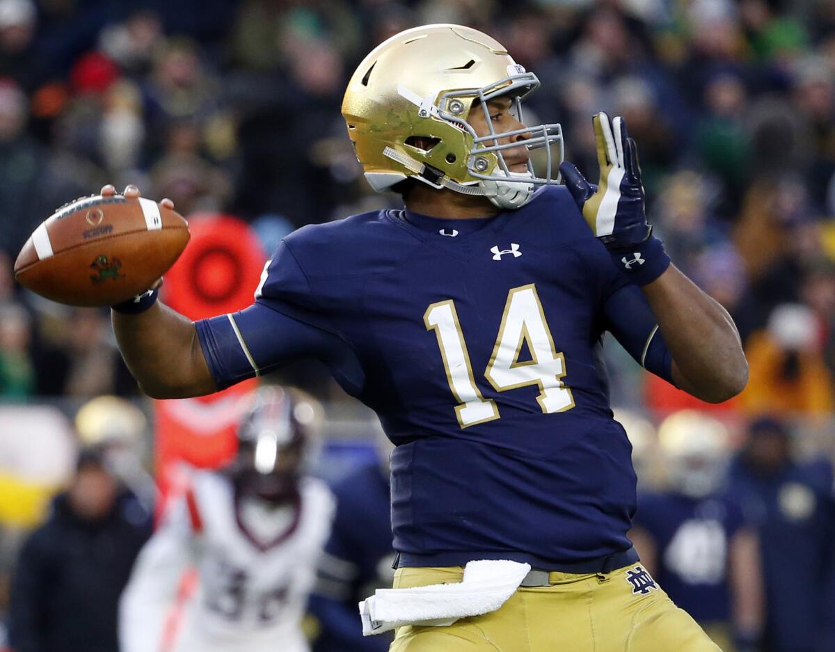 Notre Dame quarterback DeShone Kizer looks to pass against Virginia Tech during a game on Nov. 19.