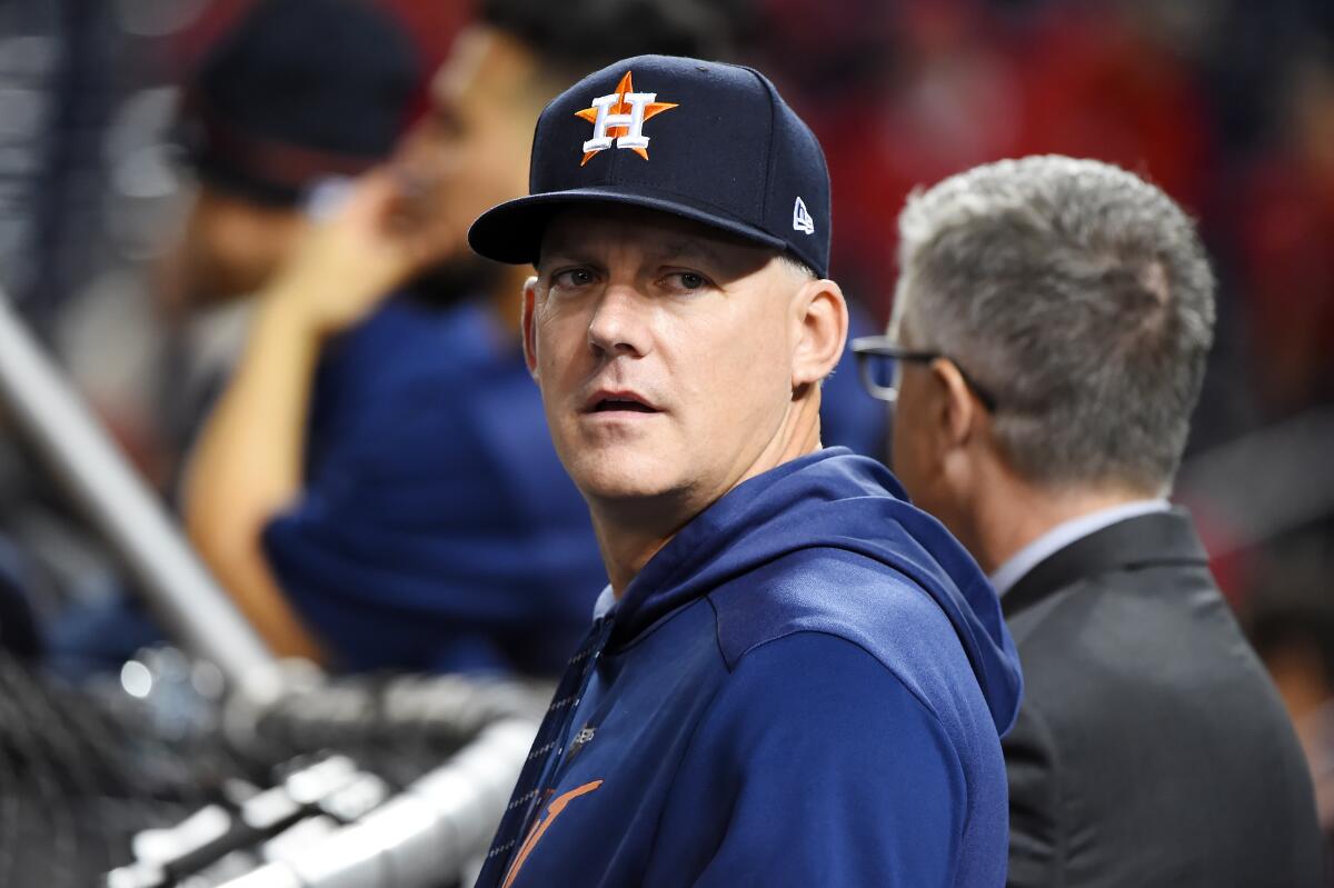 Astros manager A.J. Hinch looks on during batting practice before Game 4 of the World Series against the Nationals on Oct. 26, 2019.