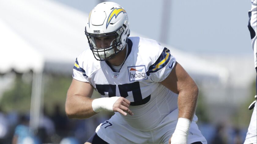 Chargers guard Forrest Lamp during training camp at Jack R. Hammett Sports Complex in Costa Mesa.